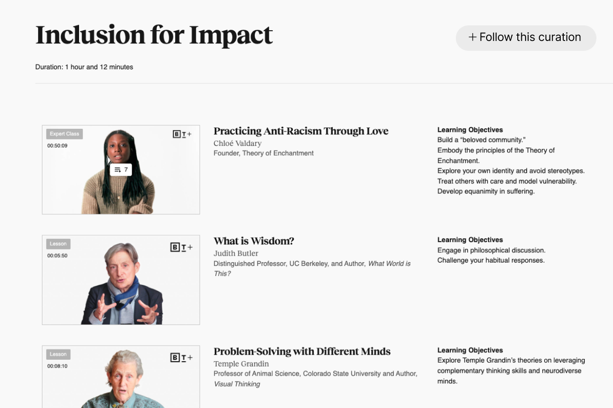 Screenshot of an online course titled "Inclusion for Impact" featuring three lessons: anti-racism, wisdom, and problem-solving with different minds. Each lesson includes a video duration and objectives.