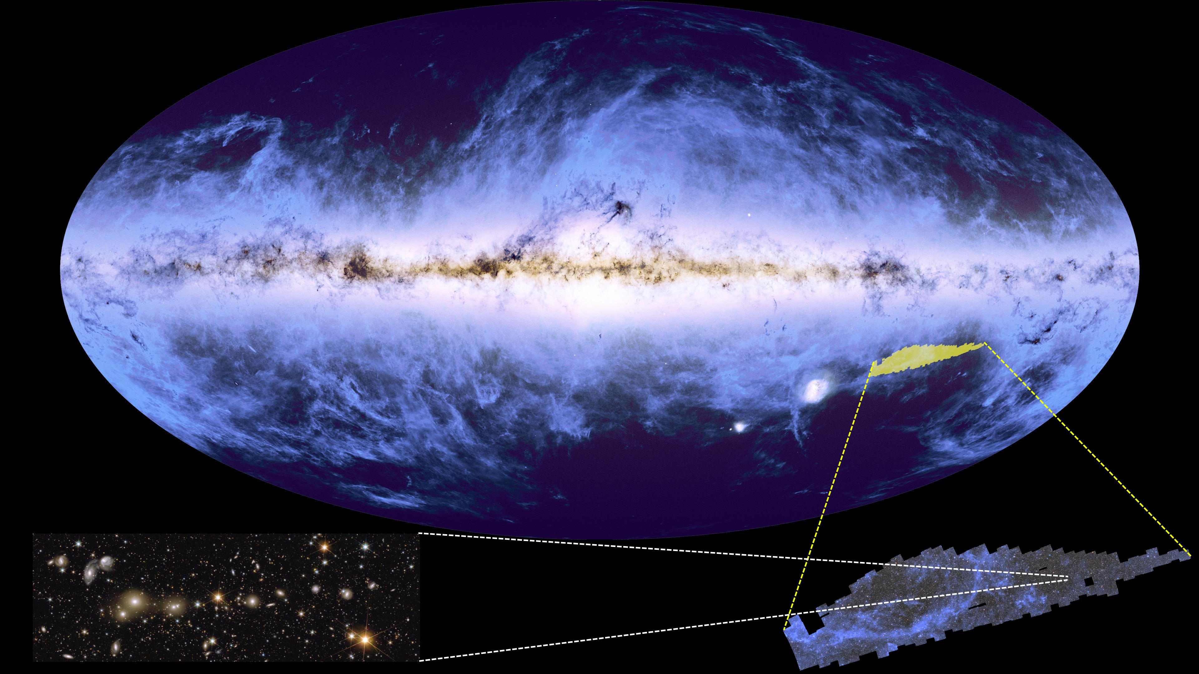 A panoramic image of the Milky Way galaxy, with an inset showing a zoomed view of distant galaxies, tells a cosmic story. This region, highlighted in textured detail, echoes the exploration themes of the Euclid mission.