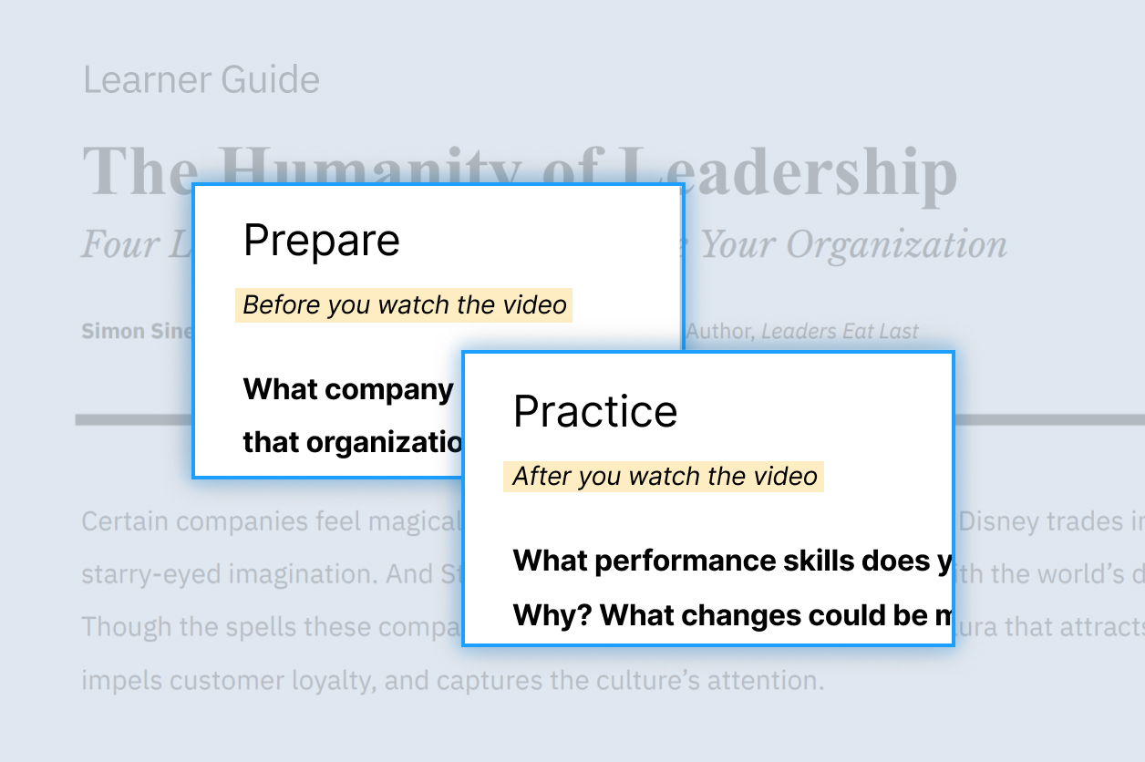 Text of a learner guide about leadership with two highlighted sections: "Prepare" with a prompt before watching a video, and "Practice" with questions for after viewing the video.