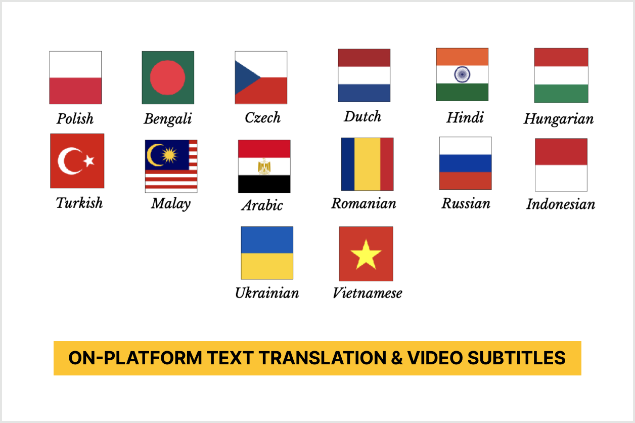 Flags representing different languages for on-platform translation and video subtitles.