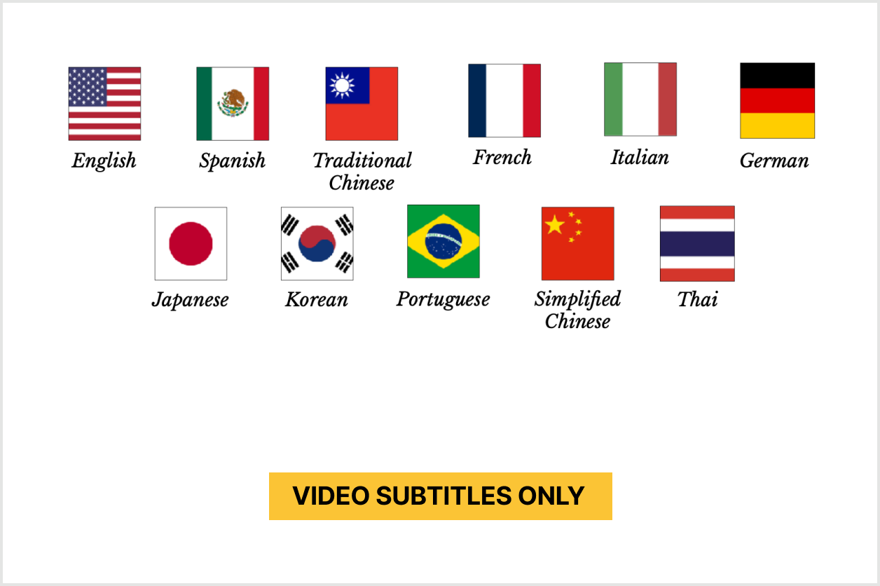 Icons of ten flags representing languages: English, Spanish, Traditional Chinese, French, Italian, German, Japanese, Korean, Portuguese, Simplified Chinese, and Thai. Text: "Video Subtitles Only.