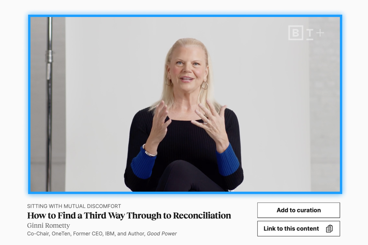 Person speaking on a video platform, wearing a black top with blue sleeves. Title below reads, "How to Find a Third Way Through to Reconciliation" by a former CEO.