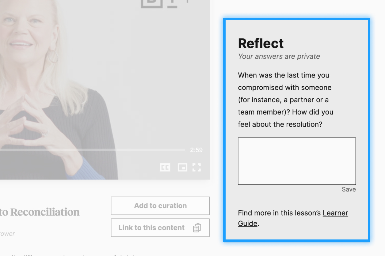 A webpage showing a reflection prompt asking about a past compromise with someone and feelings on the resolution, with a text box for responses.