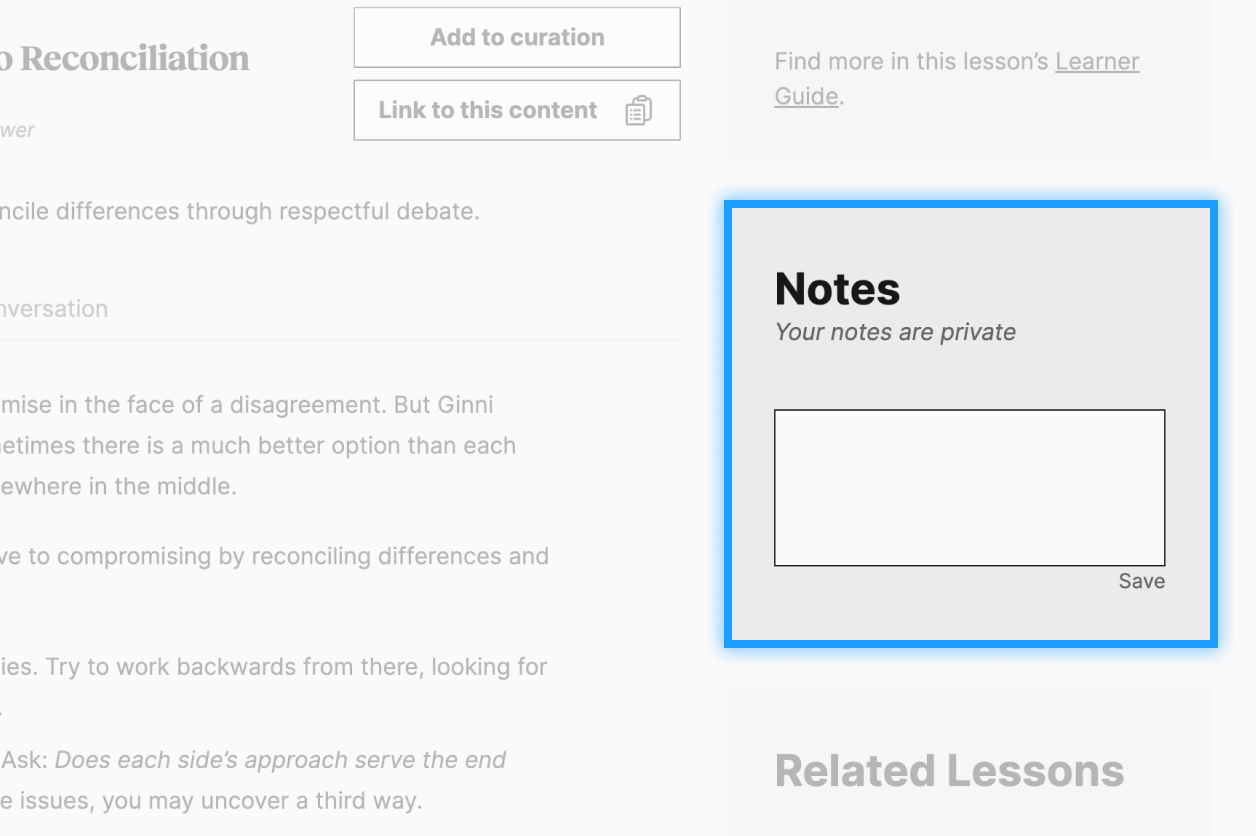 Screenshot of a webpage featuring a section titled "Notes" with the text "Your notes are private" above a blank text box and a "Save" button. Other text sections are partially visible.