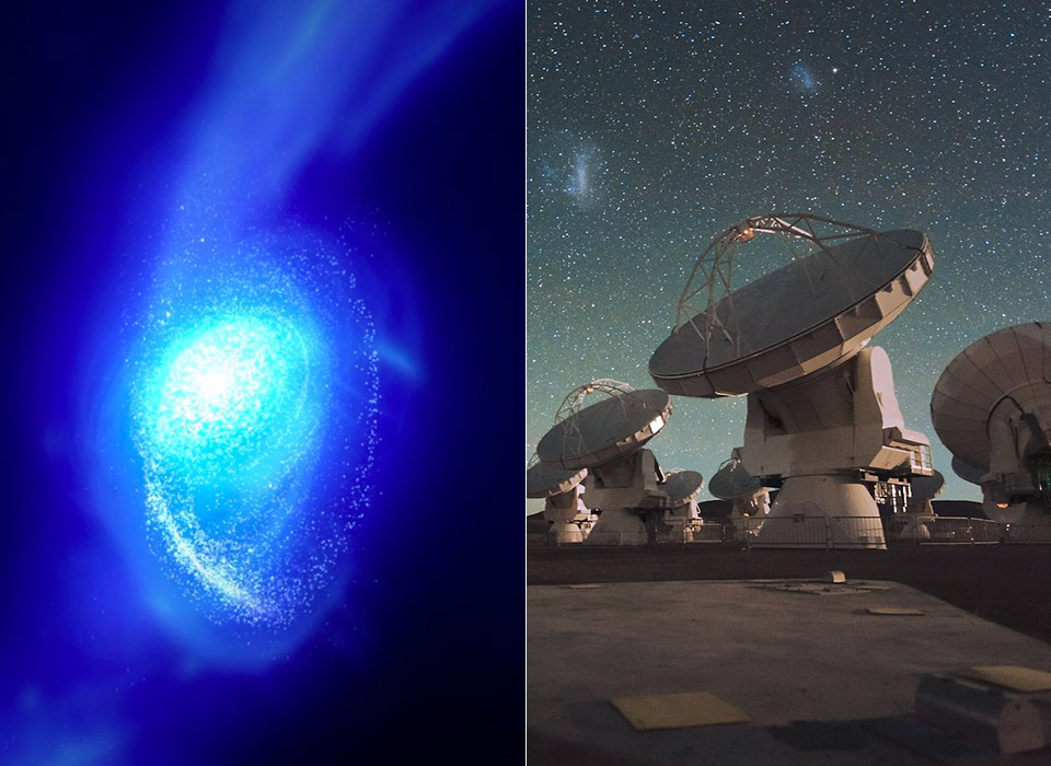 Split image: Left shows a bright blue galaxy, reminiscent of the youngest Milky Way; right depicts a night sky with an array of large radio telescopes silently observing as the universe rotates around us.