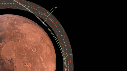 Illustration of Mars with overlaid data graphs and lines, offering analytical representations that unravel the mysteries of dark matter.