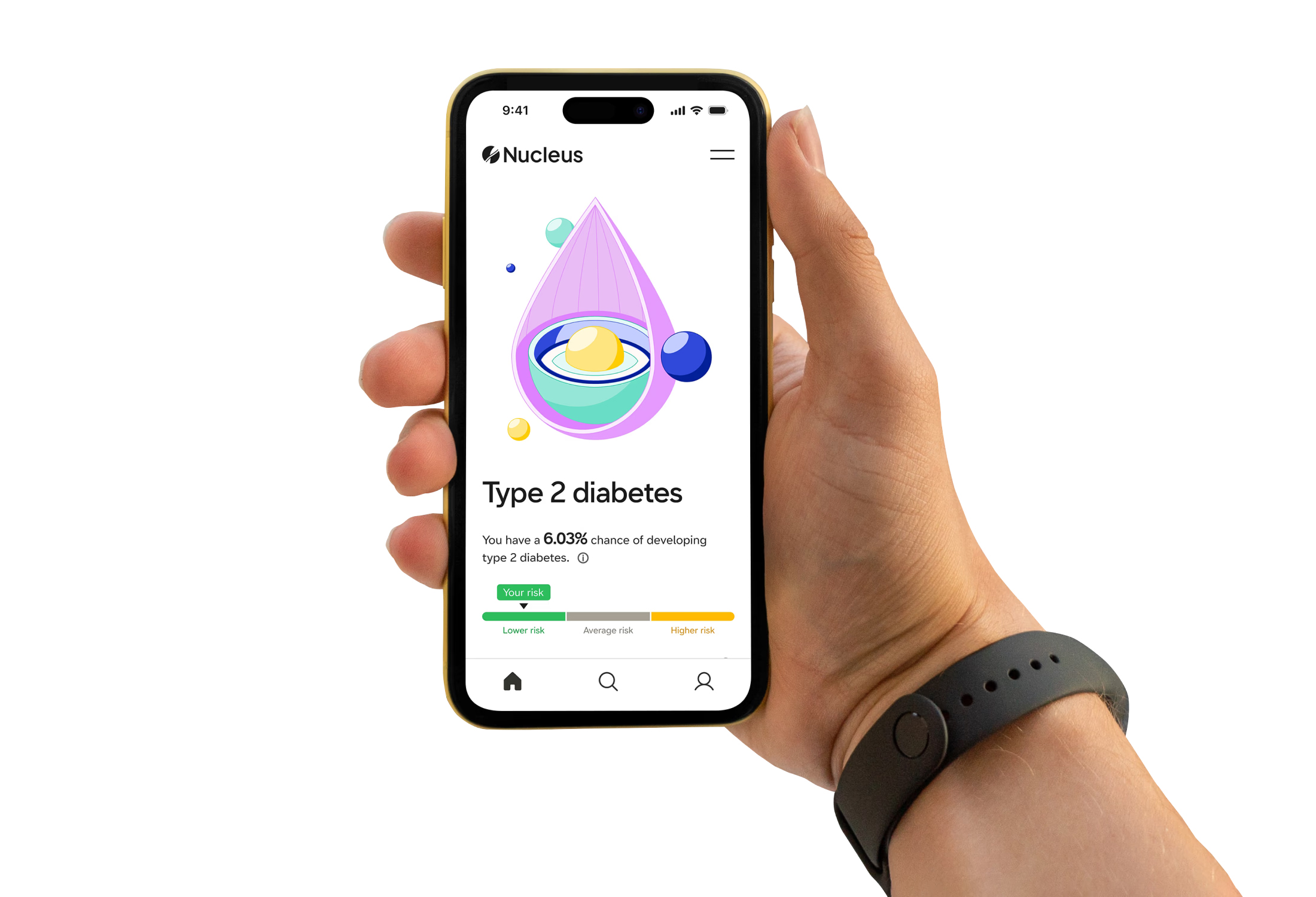 A hand holds a smartphone displaying an app interface with a Type 2 diabetes risk assessment and colorful graphic elements.