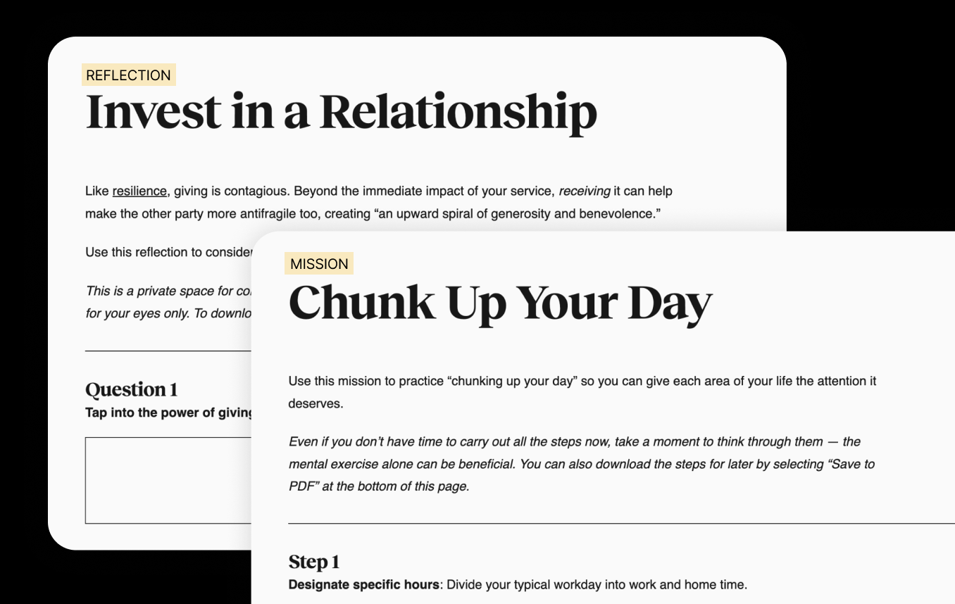 Two overlapping web pages titled "Invest in a Relationship" and "Chunk Up Your Day," featuring sections for reflection and mission with instructions for personal development and time management.