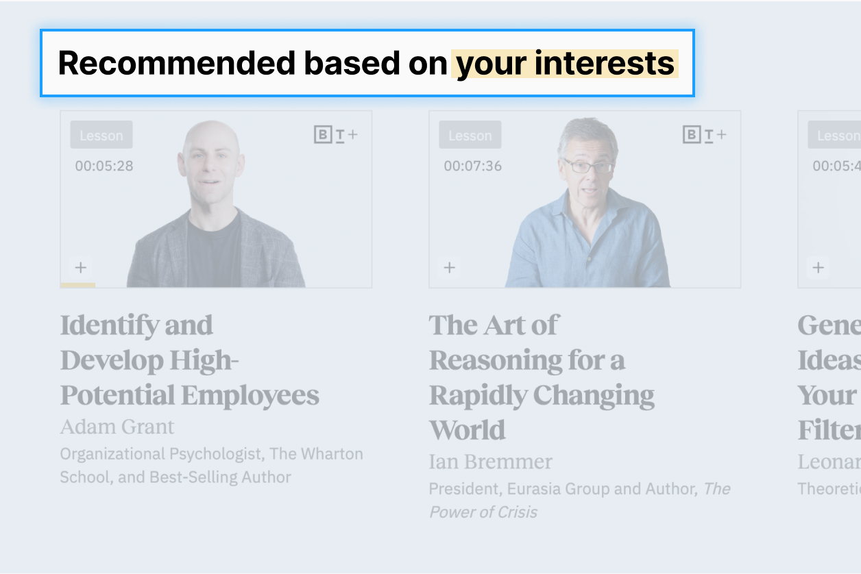 Website showing recommended lessons, including "Identify and Develop High-Potential Employees" and "The Art of Reasoning for a Rapidly Changing World.