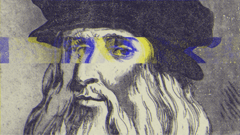 A glitch art depiction of an old sketch reminiscent of Da Vinci, featuring a bearded man in a hat with digital distortion weaving through his face.