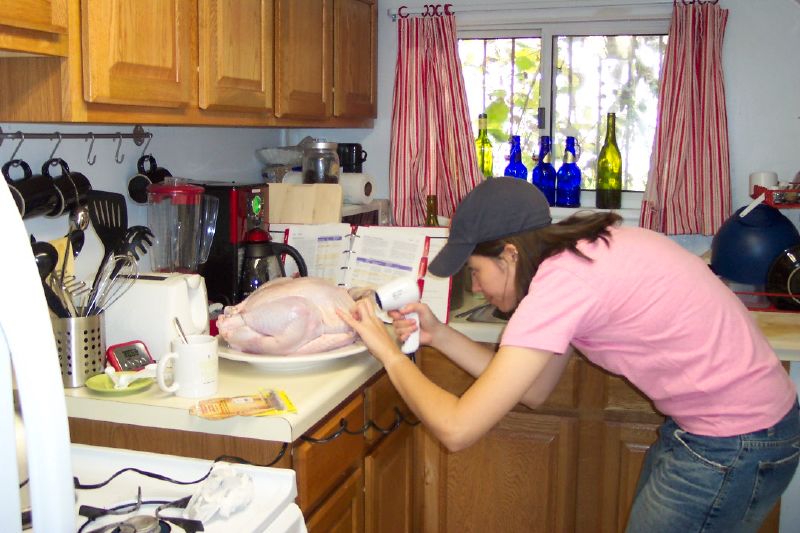 A person is getting ready to deep fry a turkey on the kitchen counter, surrounded by an array of utensils and ingredients. The frozen turkey sits patiently as its transformation into a crispy delight awaits.