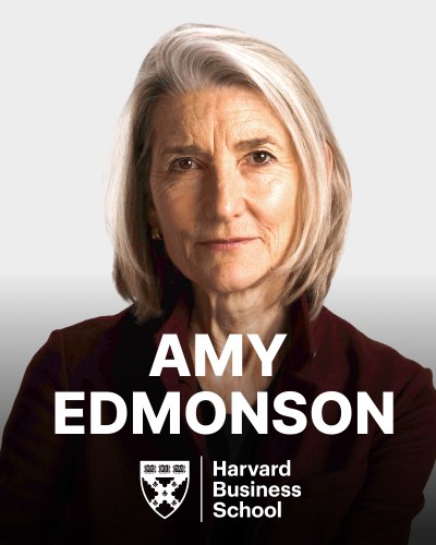 A woman with short gray hair is in front of a plain background. The text reads "Amy Edmonson, Harvard Business School" with the school's shield logo.