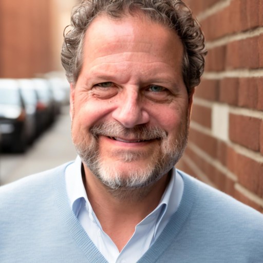 A man with curly hair and a beard smiles while standing outside against a brick wall.