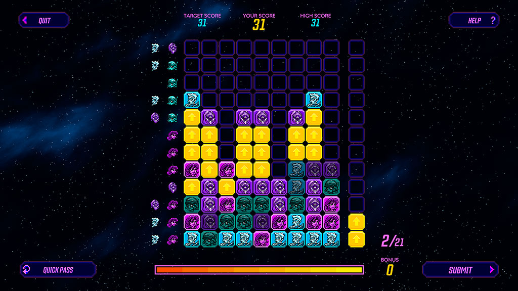 A colorful grid-based puzzle game interface with scores displayed at the top. Yellow, purple, and teal blocks are arranged with a score of 31. Options include quit, help, submit, and quick pass.