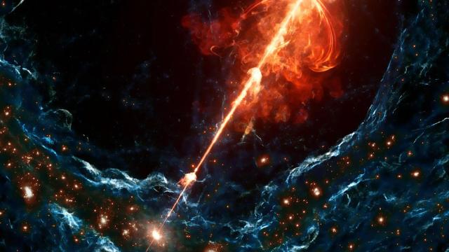 Bright cosmic explosion with flames and smoke surrounded by stars against a dark, starry background.