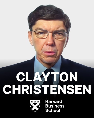 A man in a suit with glasses against a white background. Text reads: "Clayton Christensen, Harvard Business School.