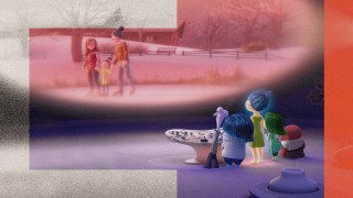 Animated characters observe a family walking in a snowy scene through a viewing screen, inside a control room.