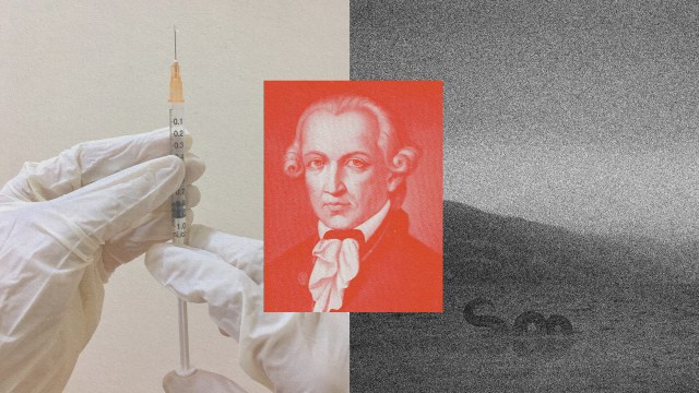 A gloved hand grips a vaccine-loaded syringe, framed by a red-tinted portrait of a historical figure in the center and a grainy black-and-white landscape on the right.