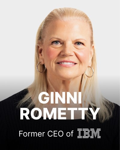 Smiling woman with light hair wearing a black top and hoop earrings, labeled as "Ginni Rometty, Former CEO of IBM.