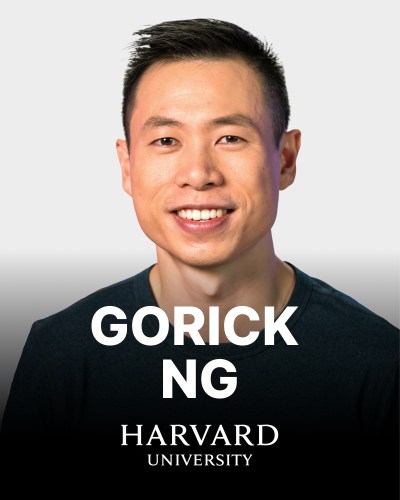 A person smiling in front of a neutral background. Text overlay reads "Gorick Ng, Harvard University.