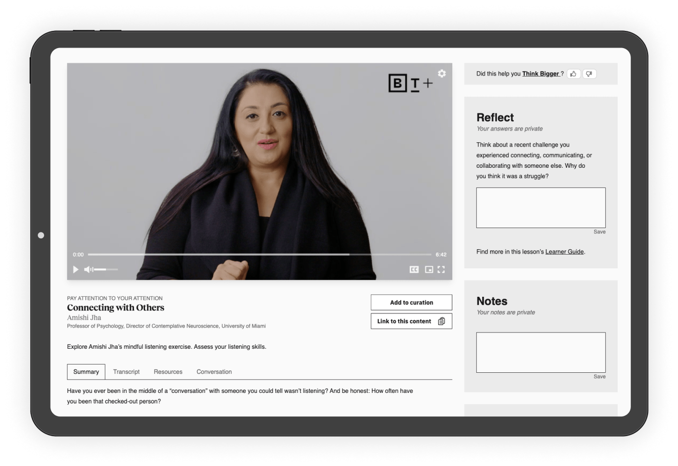A woman in a black coat speaks in a video titled "Connecting with Others" on a webpage. The page includes sections for reflection, notes, and lesson details.