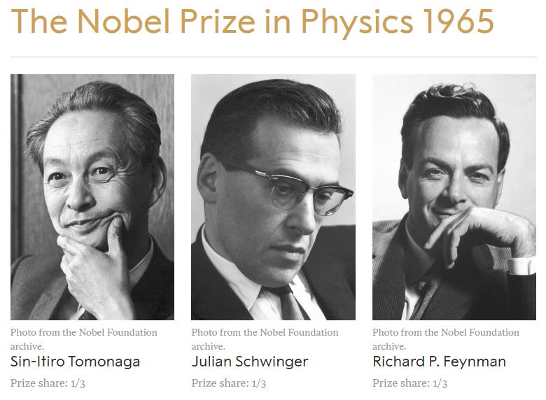 Three black and white portraits capture the thoughtful poses of 1965 Nobel Prize in Physics winners: Sin-Itiro Tomonaga, Julian Schwinger, and Richard P. Feynman—a true hero in the world of quantum electrodynamics.