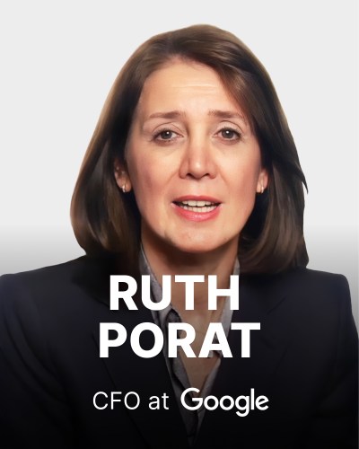 Portrait of a woman with shoulder-length brown hair, wearing a dark suit. Text overlay reads "Ruth Porat, CFO at Google.