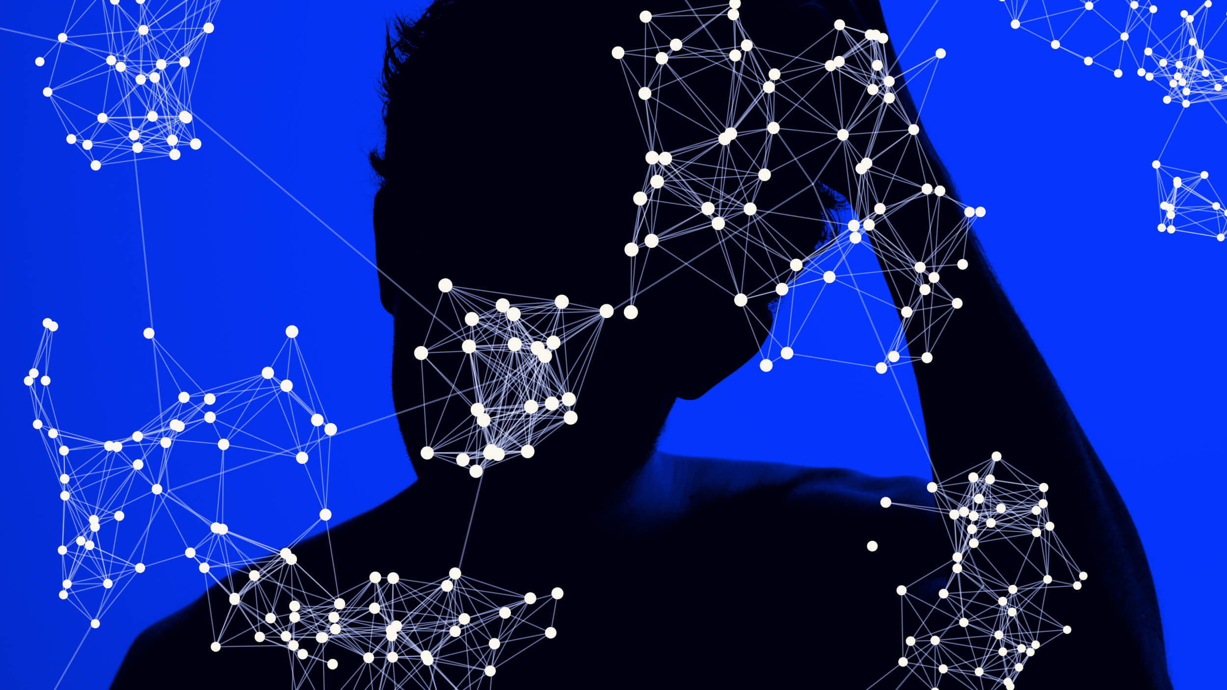 Silhouette of a person against a blue background, overlaid with white node and line networks.