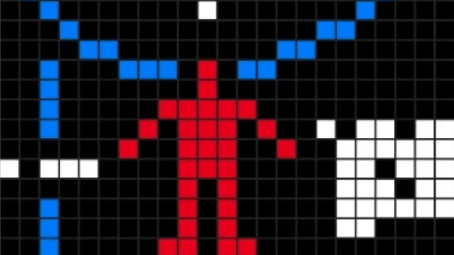 Pixelated red human figure on a black grid background with blue symmetrical curves and white geometric shapes adjacent.