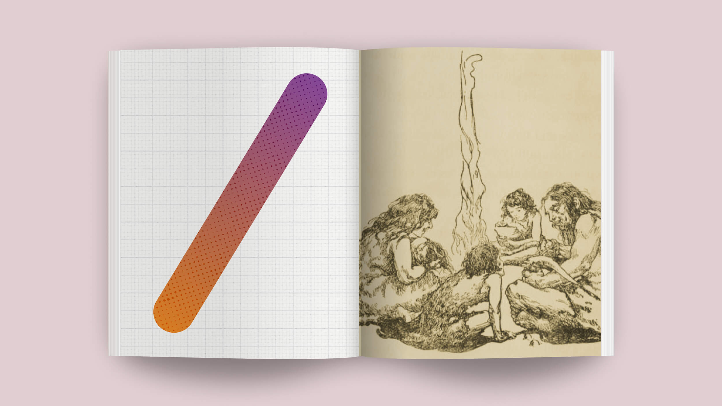 Open book with a gradient bar design on the left page and an illustration of founders sharing wisdom around a fire on the right page.