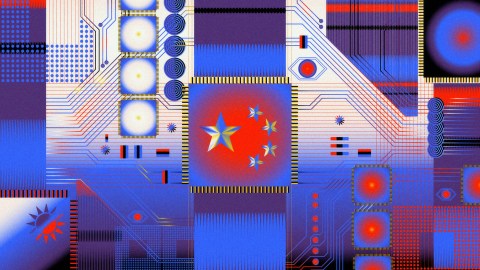 Abstract digital art featuring geometric shapes, circuitry patterns, and a central star motif on a blue and red background.