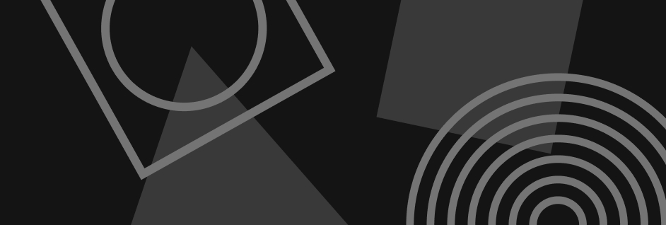 Abstract image with overlapping geometric shapes: circles, rectangles, and triangles in varying shades of gray on a black background.