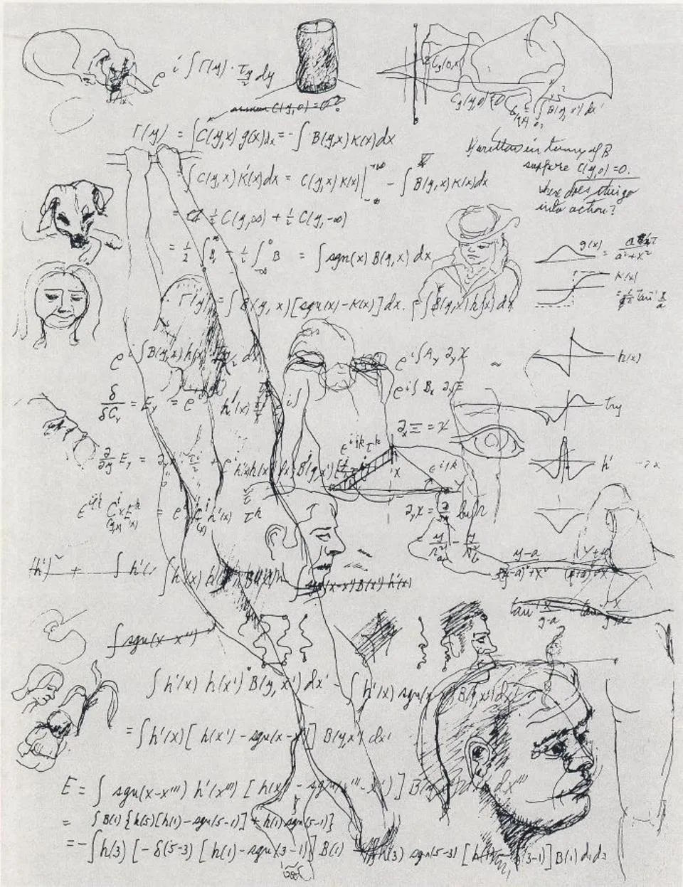 A sketch-filled page reminiscent of a Richard Feynman notebook, brimming with mathematical equations, faces, a dog, and a figure performing a handstand—doodles capturing the spirit of a hero's curiosity.