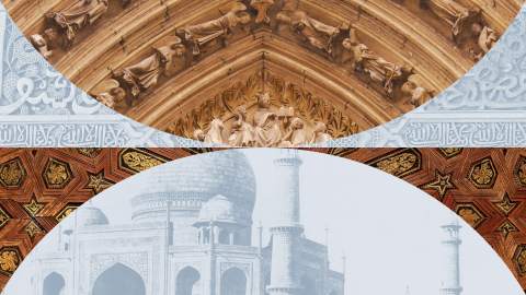 Collage of architectural designs: a detailed stone arch with sculptures reflecting ancient architecture, an ornate geometric pattern, and a faded image of the Taj Mahal.