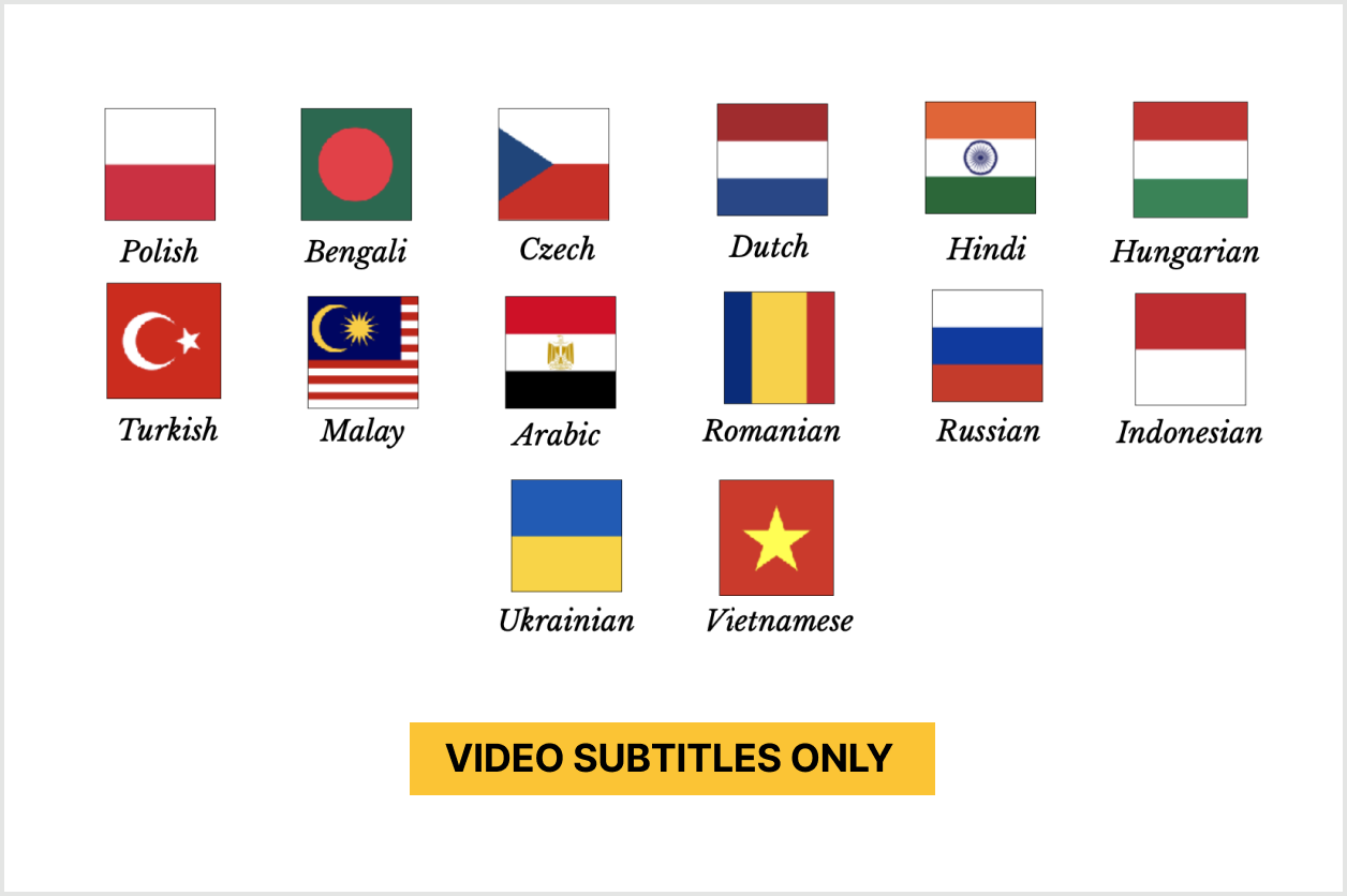 Flags and language names: Polish, Bengali, Czech, Dutch, Hindi, Hungarian, Turkish, Malay, Arabic, Romanian, Russian, Indonesian, Ukrainian, Vietnamese. Text: "Video Subtitles Only.