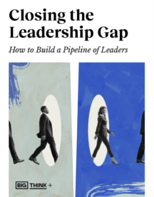 Two silhouetted figures, a man and a woman, walk through white door-like shapes against blue and gray backgrounds. Text reads: "Closing the Leadership Gap: How to Build a Pipeline of Leaders.