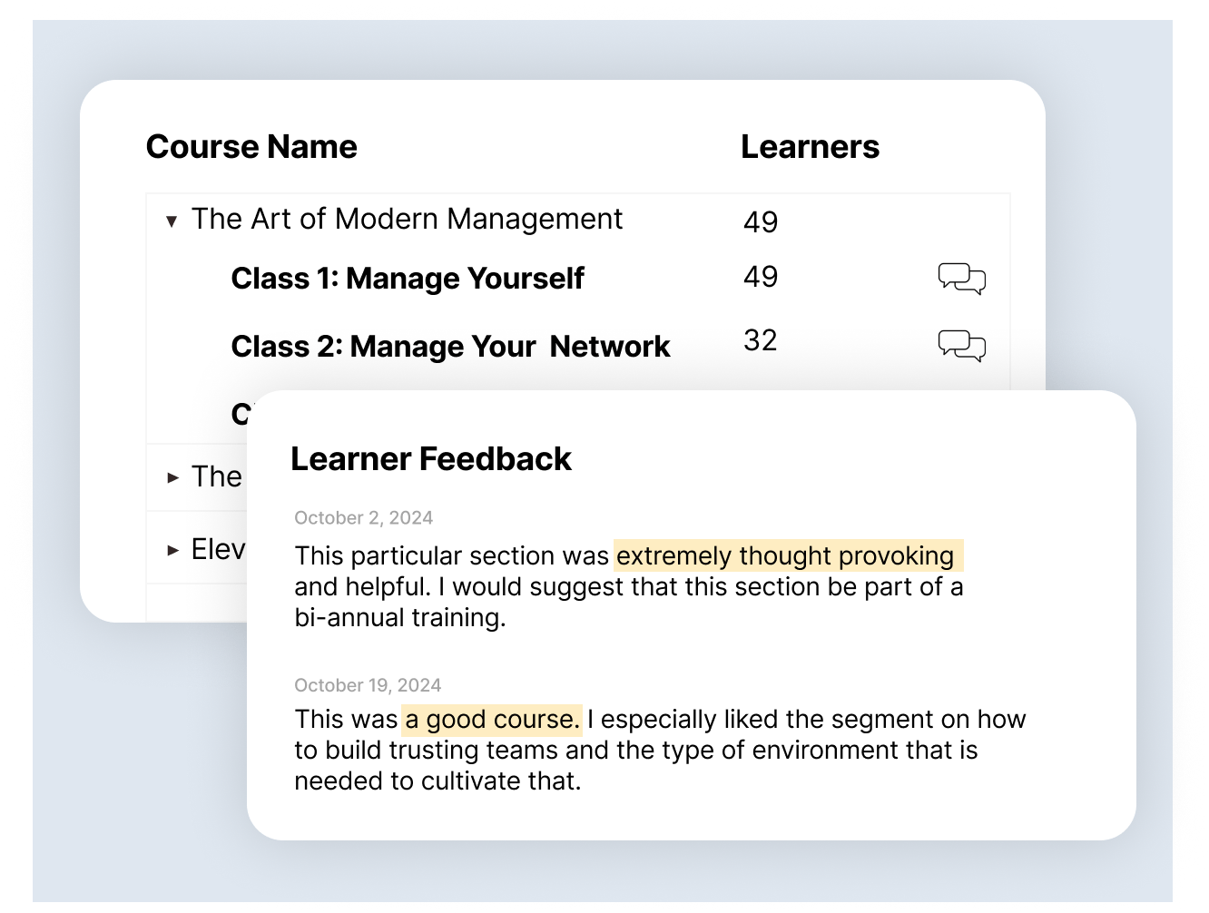 Screenshot of learner feedback on a course titled "The Art of Modern Management." Comments highlight thought-provoking content and effectiveness in building trust and teamwork.