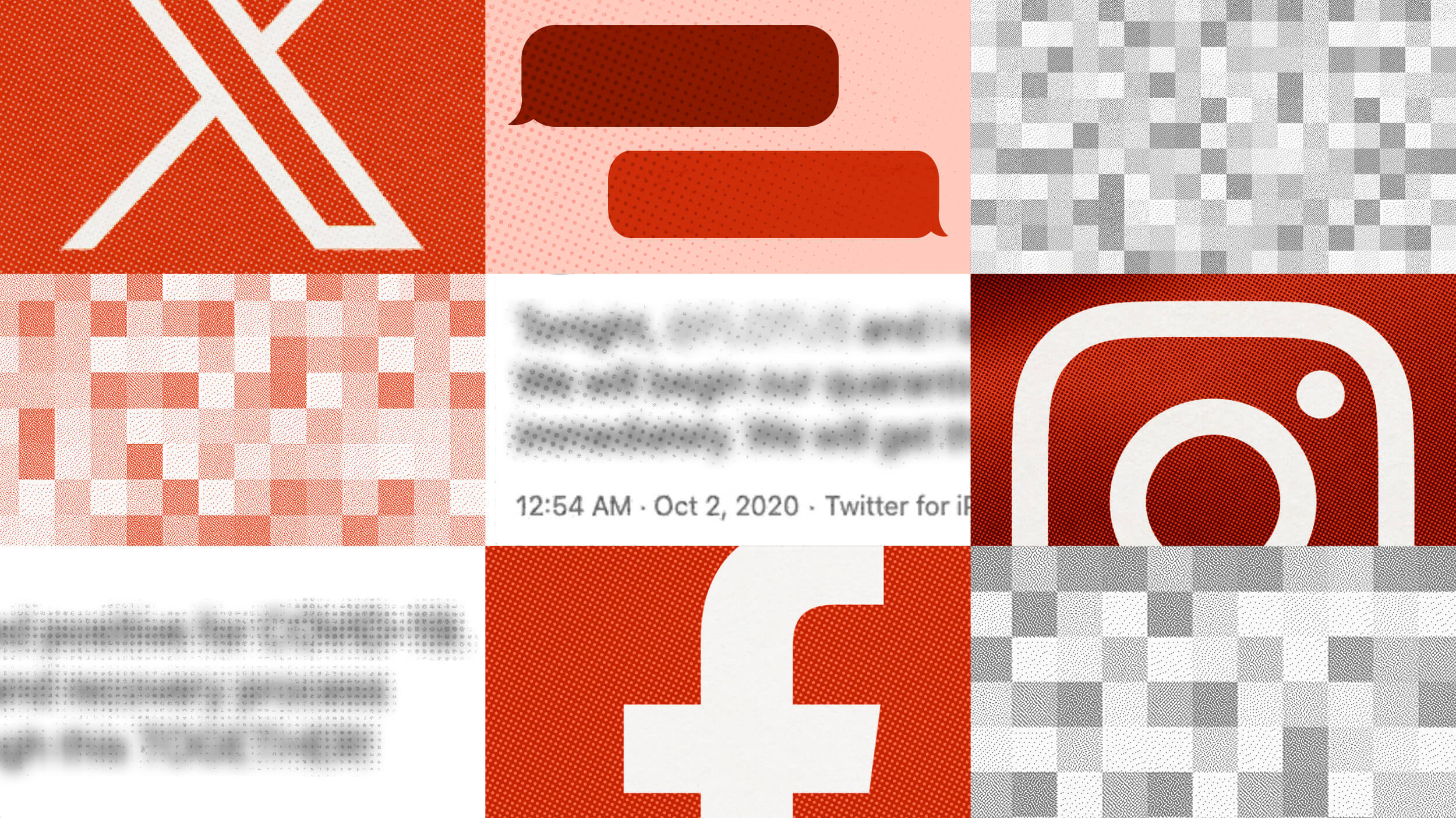 Collage of social media icons and pixelated images in a grid layout, featuring Twitter, Instagram, and Facebook logos on a red background.