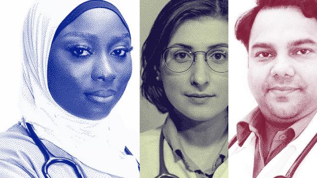 In a split image, Taleb's surgeon stands confidently alongside two diverse medical professionals: a woman in a hijab and a woman with glasses, each wearing stethoscopes.