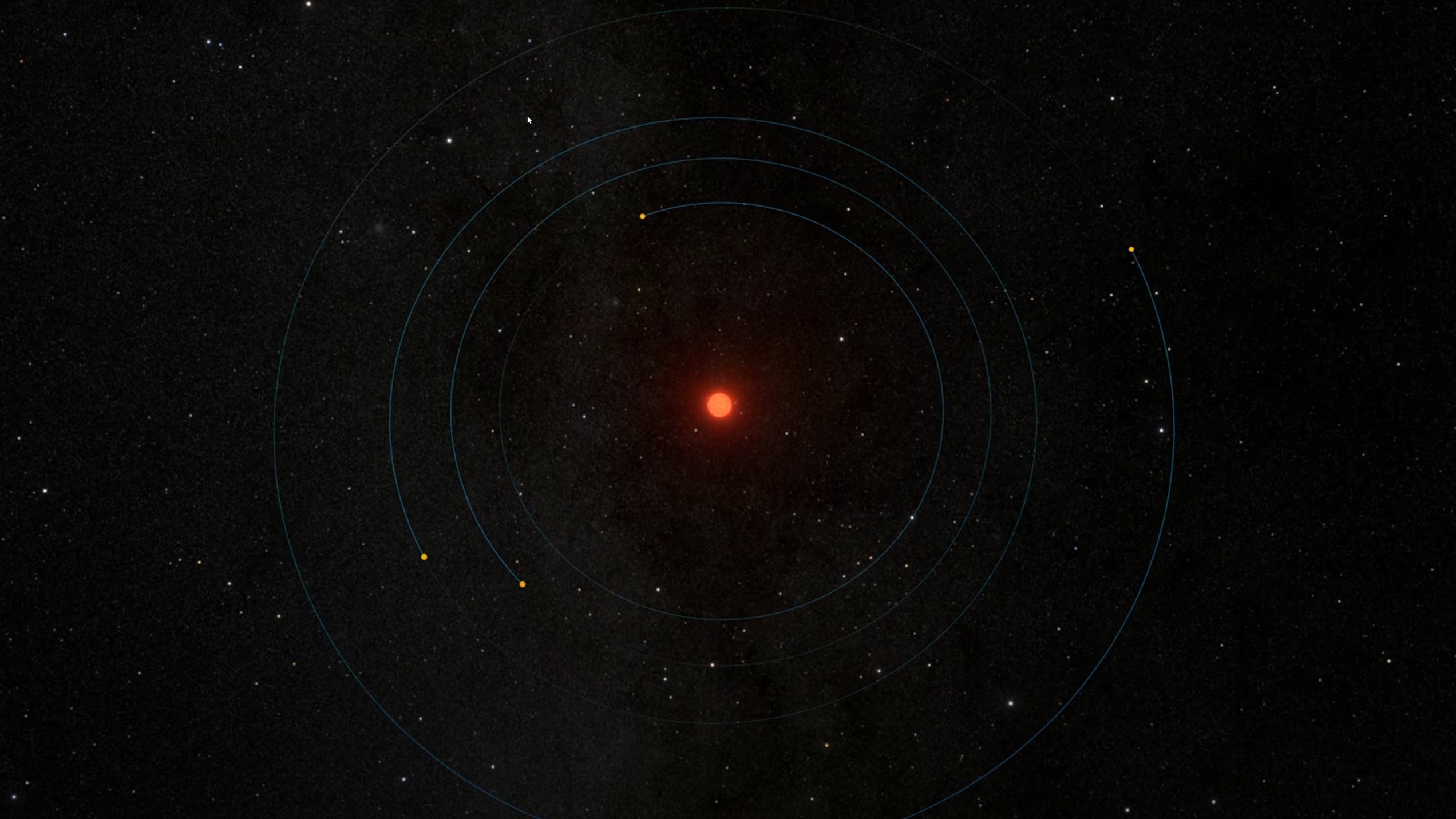 A red star is at the center, with five orbiting paths marked by yellow dots, resembling exoplanets around the nearest single star, set against a starry night backdrop that illustrates a planetary system.