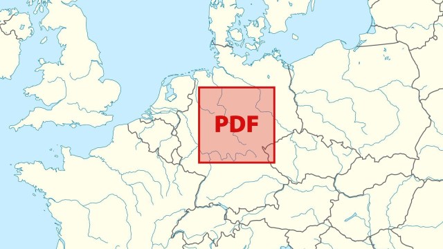 Map highlighting an area in Europe, centered on the Netherlands and surrounding countries, with a red overlay labeled "PDF.