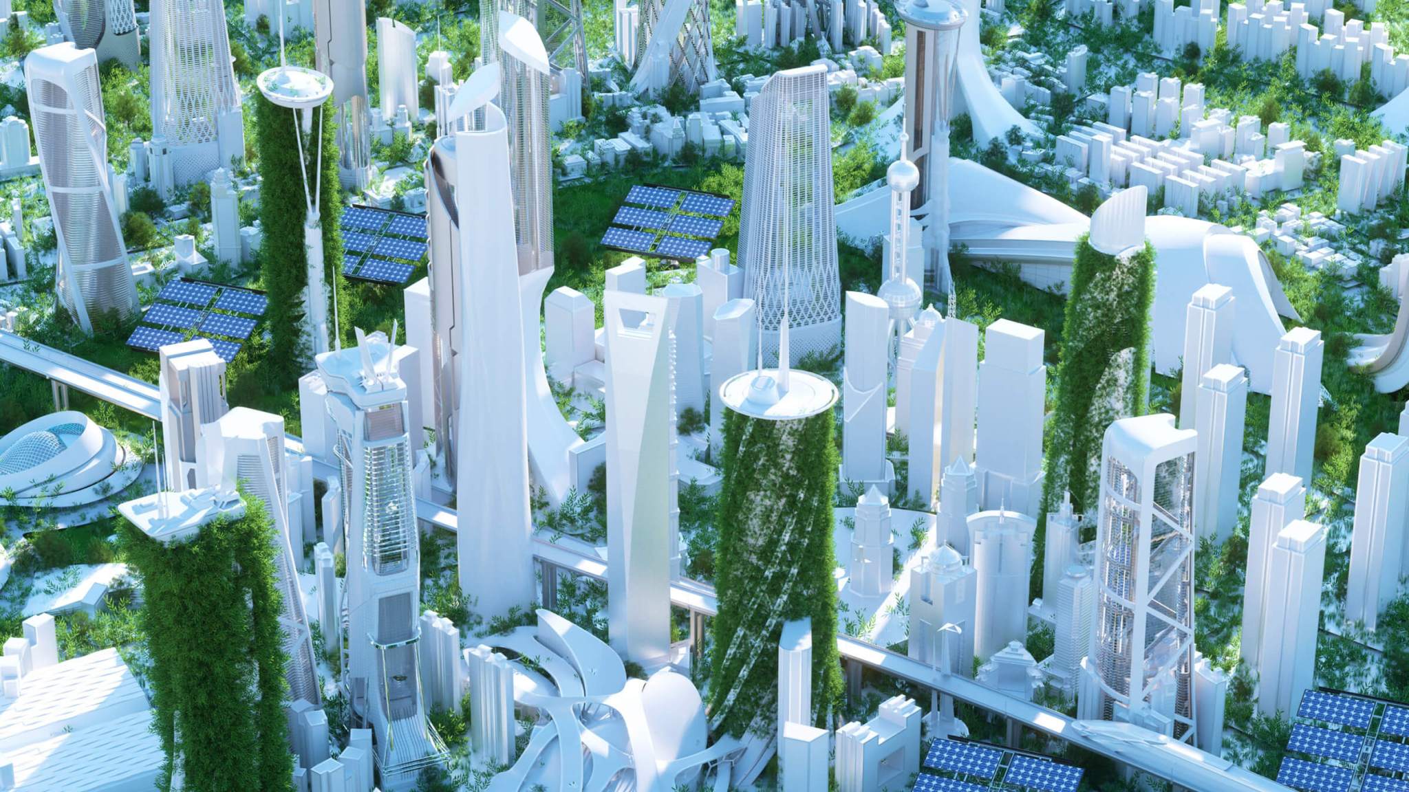 Futuristic cityscape featuring tall, modern skyscrapers with green vertical gardens and solar panels, surrounded by lush vegetation and a network of elevated transportation lines.