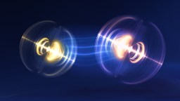 Two luminous circles connected by a glowing blue wave on a dark background, creating a sense of energy and motion.