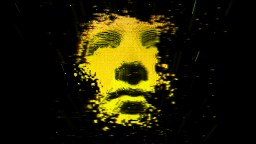 A digital, pixelated yellow face on a black background, giving the impression it's dissolving or glitching.
