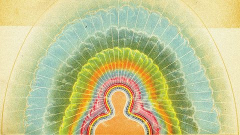 Colorful abstract depiction of a human silhouette surrounded by layered, radiant patterns in various colors against a textured background.