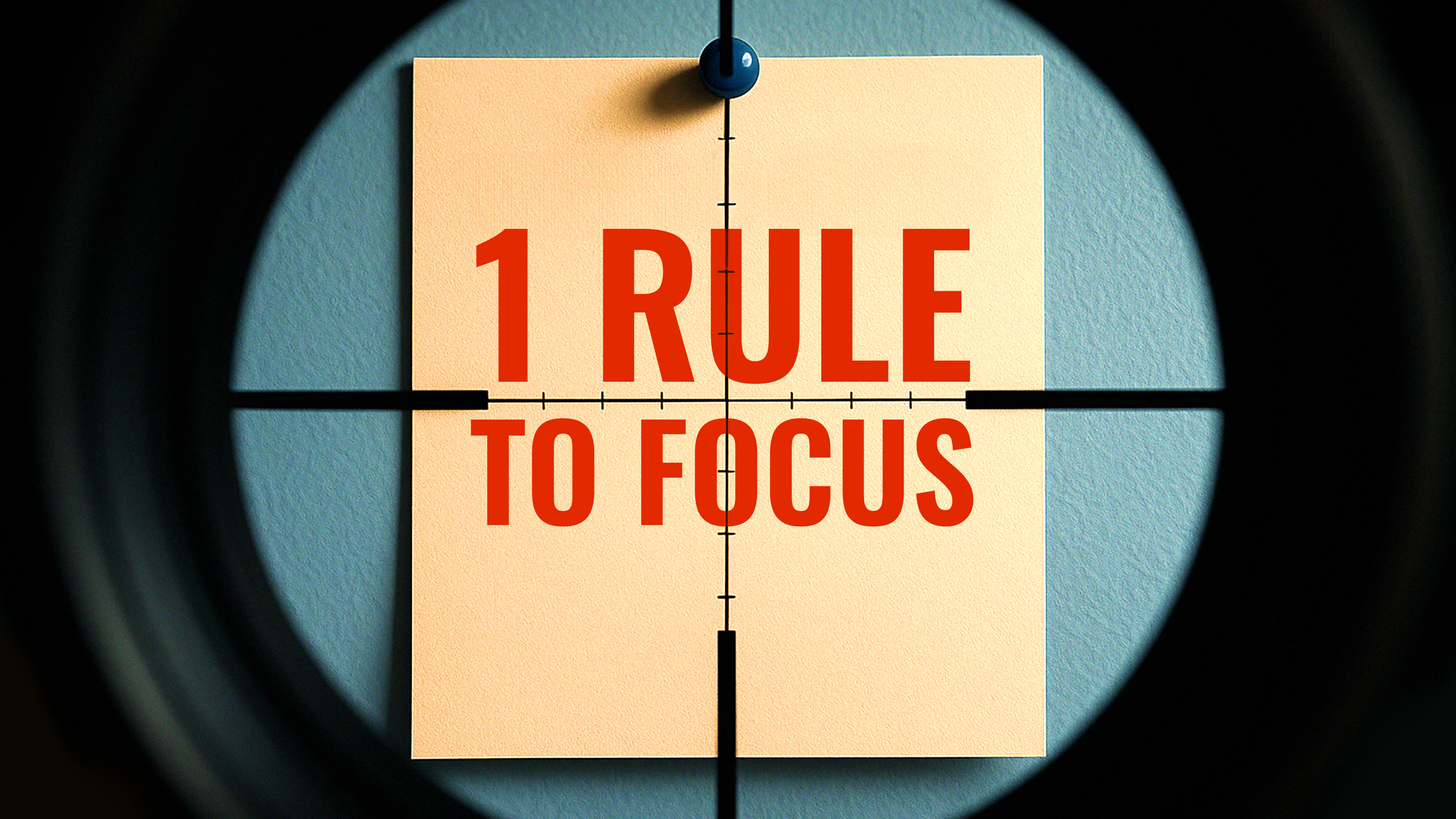 A note pinned to a wall with the words "1 Rule to Focus" in red, viewed through the crosshairs of a scope or lens.