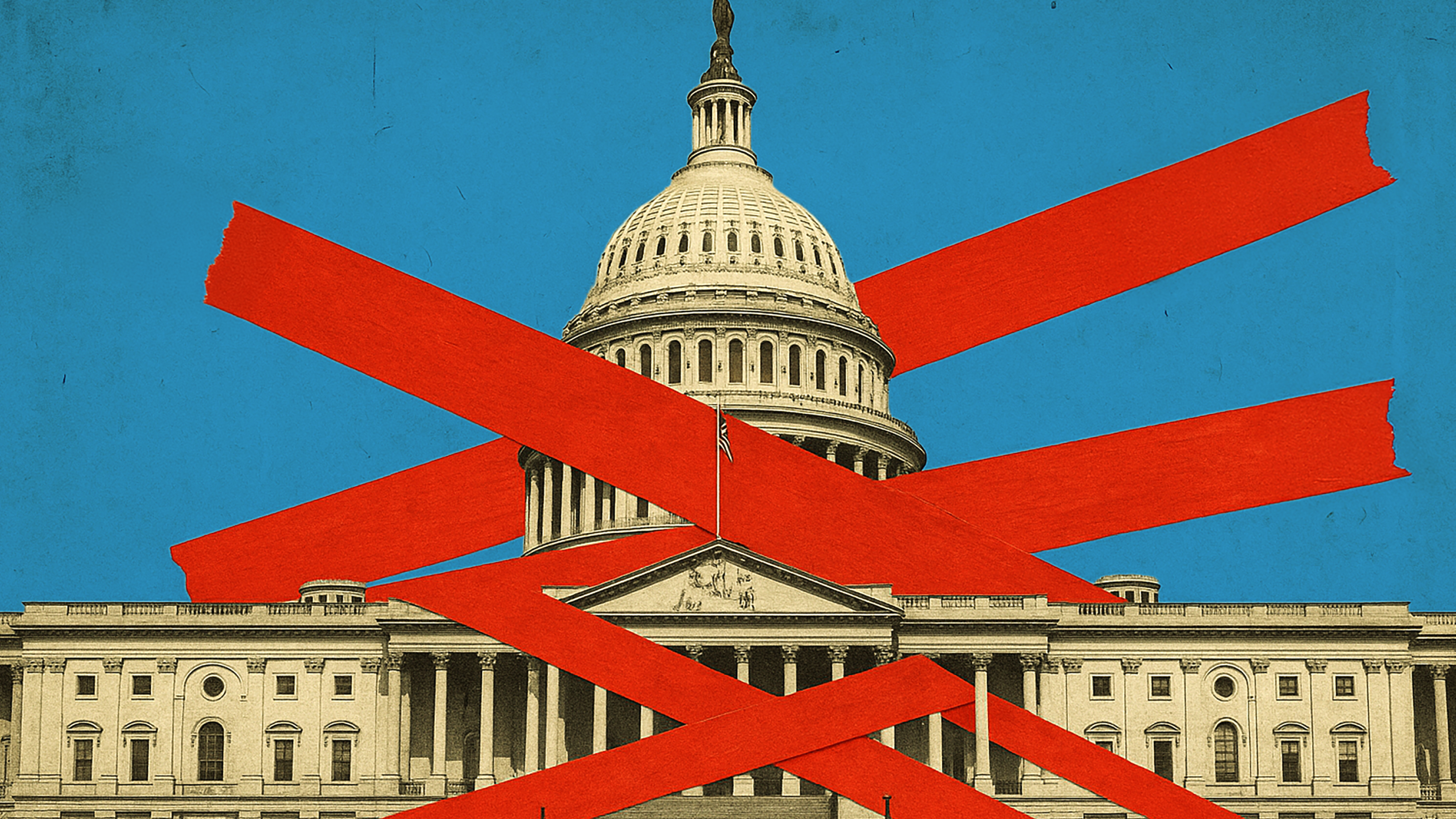 The U.S. Capitol building is shown with large red tape strips crossed over it against a blue sky, symbolizing restriction or a government shutdown.
