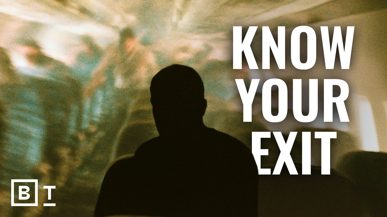 A silhouette of a person seated with blurred movement in the background and large text reading "KNOW YOUR EXIT" on the right.
