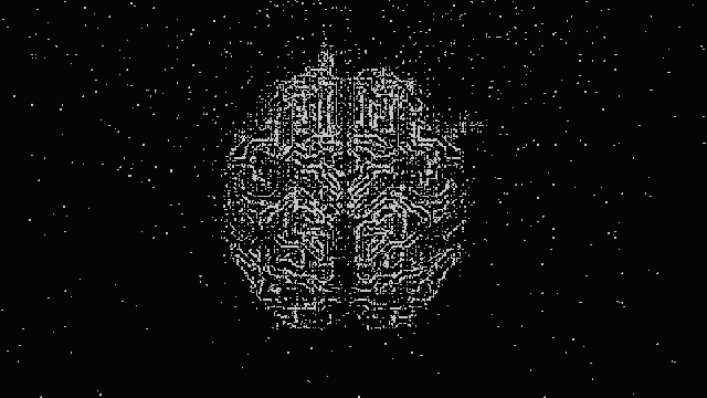 A digital illustration of a brain, composed of circuit-like lines, appears against a black background filled with white dots resembling stars.