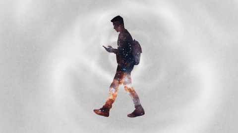 Silhouette of a person with a backpack looking at a phone or book, filled with a galaxy pattern, on a light, swirling background.
